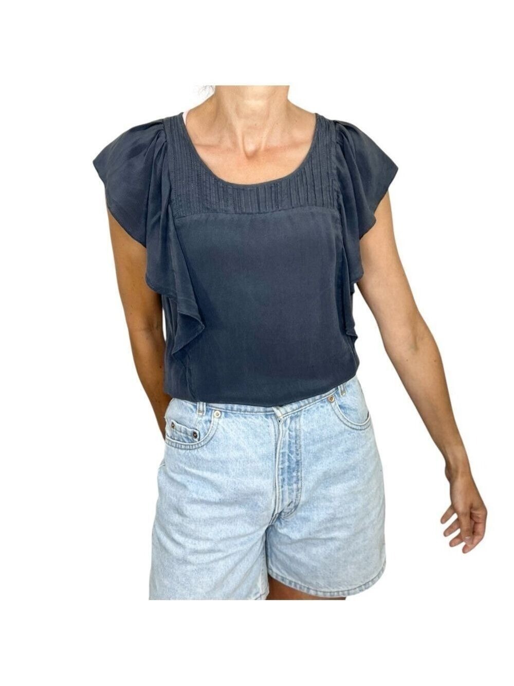 GAP 100% silk charcoal grey short ruffle sleeve pin tuck neckline top blouse